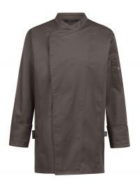 Hochwertige Herren-Kochjacke in Braun mit Jersey-Rücken, verdeckter Druckknopfleiste und Armtasche – atmungsaktive und flexible Arbeitskleidung für Köche, Bäcker und Gastronomen